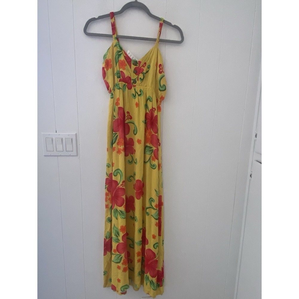 VTG Aloha Fashion Hawaiian Dress Yellow Hibiscus Rayon Smocked OS NWT